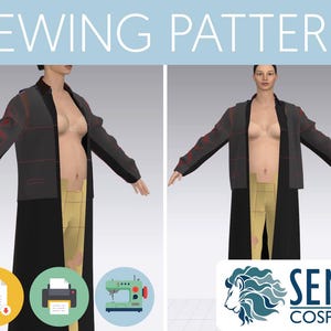 May include: Sewing pattern for a long black and gray jacket with red stitching. The pattern is available as a PDF download and can be printed and used to create the jacket. The pattern is for a jacket with a long, flowing silhouette and a relaxed fit. The pattern is available from Seme Cosplay.