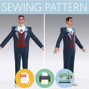 Peut inclure: Patron de couture pour un costume bleu avec un gilet rayé rouge et blanc. Le patron est disponible en téléchargement PDF et peut être imprimé à la maison. L'image montre une maquette 3D du costume.