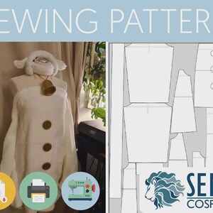 May include: Sewing pattern for a white sheep costume. The pattern includes pieces for the body, sleeves, and head. The pattern is available as a PDF download and can be printed at home. The pattern is from Seme Cosplay.