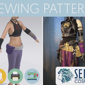 May include: Sewing pattern for a purple and black costume with a leather bodice, belt, and arm gauntlets. The pattern includes a PDF download, printable instructions, and a sewing machine icon. The image also includes the text "SEWE PATTERN" and "SEME COSPLAY".