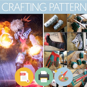 May include: Crafting pattern for a cosplay costume featuring a red and black outfit with silver armor, boots, and gloves. The pattern includes instructions for creating the armor, boots, and gloves. The image also shows a close-up of the different parts of the costume.