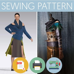 May include: A sewing pattern for a fantasy-style outfit featuring a blue off-the-shoulder top with a cowl neck, a brown leather-look corset with a buckle, a dark skirt, and a shoulder piece adorned with green and blue feathers on a mannequin.