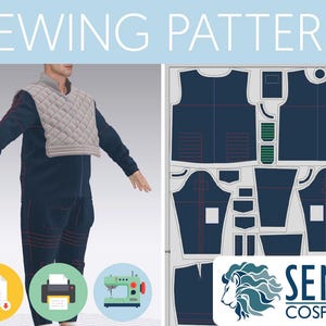 Peut inclure: Patron de couture pour une combinaison bleue avec un gilet matelassé. Le patron comprend des instructions pour la réalisation du gilet, de la combinaison et des poches. Le patron est disponible en téléchargement PDF et peut être imprimé à la maison. Le patron est de Seme Cosplay.