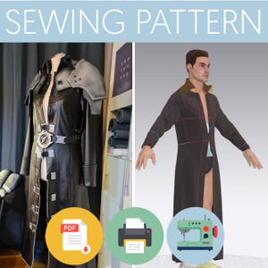 Könnte beinhalten: Ein Schnittmuster für einen langen, schwarzen Mantel mit Stehkragen und Gürtel. Das Schnittmuster ist als PDF-Download erhältlich und kann zu Hause ausgedruckt werden. Das Bild zeigt auch eine Nähmaschine und ein 3D-Modell des Mantels.