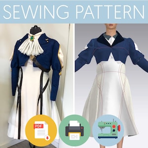 May include: A sewing pattern for a garment set featuring a white dress with vertical pleats and a dark blue cropped jacket with long sleeves. The ensemble includes a white ruffled jabot with a green brooch. The image displays the text SEWING PATTERN.