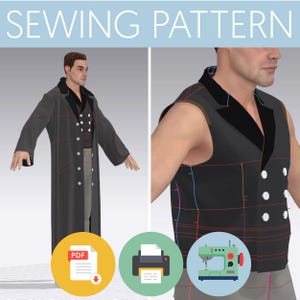 May include: Sewing pattern for a long coat and a vest. The pattern is shown on a 3D model. The pattern is available as a PDF download and can be printed at home. The image also shows a sewing machine.