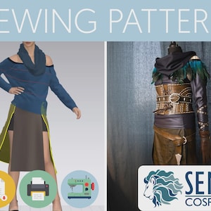 Puede incluir: Patrón de costura para un disfraz de cuero marrón con un cuello de plumas azul y negro. El patrón está disponible para descargar en PDF y se puede imprimir en casa. La imagen también muestra una máquina de coser y una impresora. El patrón es de Seme Cosplay.