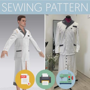 Könnte beinhalten: Schnittmuster für eine weiße, zweireihige Jacke und einen Rock mit schwarzem Besatz. Das Schnittmuster ist als PDF-Download erhältlich und kann zu Hause ausgedruckt werden. Das Bild zeigt ein 3D-Modell des fertigen Kleidungsstücks.