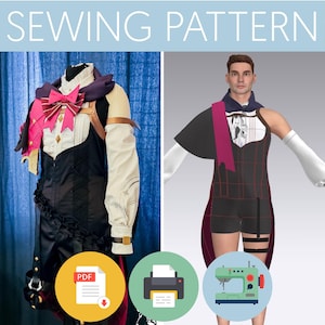 May include: A sewing pattern for a costume featuring a white collared shirt with a pink bow, a black vest, and a dark cape. The image displays a physical garment on a mannequin alongside a 3D digital model, with icons for PDF, printer, and sewing machine.