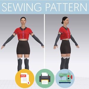 May include: A digital illustration of a sewing pattern for a red crop top and black skirt. The pattern is available as a PDF download and can be printed and used to create the garment. The image also shows a sewing machine and a printer.