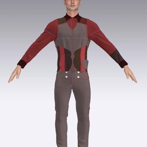 May include: A man wearing a red and brown patterned shirt with a vest over it. He is wearing brown pants and white shoes.