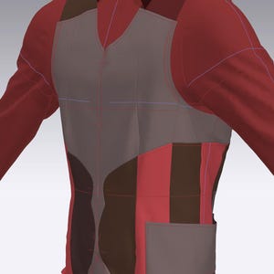 May include: A gray vest with brown and red striped panels. The vest has a pocket on the right side and a V-neck.