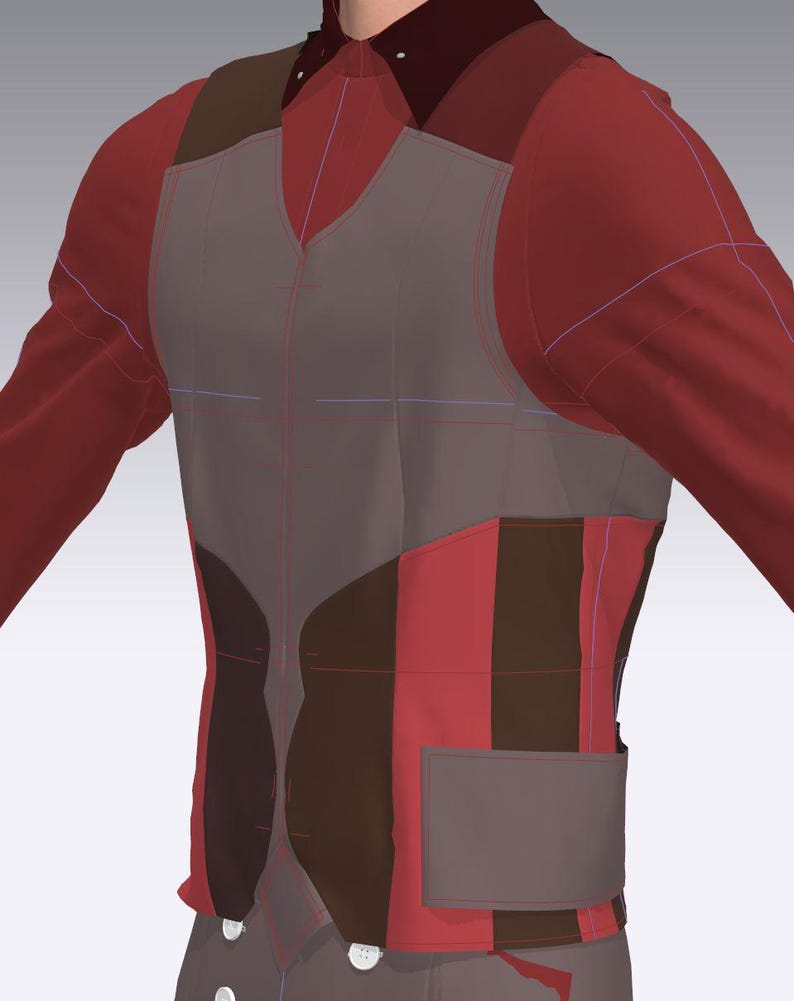 May include: A gray vest with brown and red striped panels. The vest has a pocket on the right side and a V-neck.