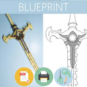 May include: A split-view image showing a physical sword prop with a weathered yellow and dark brown finish on the left, and a black and white line art blueprint of the same sword on the right. The word BLUEPRINT is centered at the top.