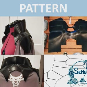 May include: A black leather shoulder armor pattern with a collar and shoulder pads. The pattern is laid out on a wooden surface. The pattern is for a costume or cosplay.