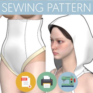 Könnte beinhalten: Ein digitales Schnittmuster für einen hoch taillierten Body und ein Kleidungsstück mit Kapuze. Das Bild enthält den Text SEWING PATTERN am oberen Rand sowie kreisförmige Symbole für eine PDF-Datei, einen Drucker und eine Nähmaschine.