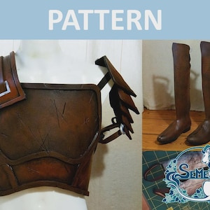 May include: A brown leather costume armour set with a chest piece and shoulder pads. The armour has a distressed look and is made of thick leather. The set also includes a pair of brown leather boots with buckles.