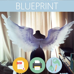 May include: A blueprint for making large, white angel wings. The blueprint includes a PDF download, a printer icon, and a pair of scissors and a pencil.
