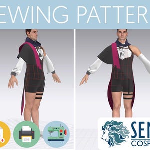 Puede incluir: Patrón de costura para un disfraz de cosplay. El patrón incluye un mono corto de cuadros negros y blancos con una bufanda roja y blanca, mangas blancas y detalles negros. El patrón está disponible para descargar en PDF y se puede imprimir en casa.