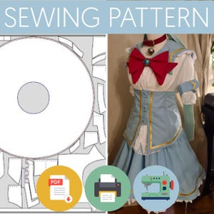 May include: A sewing pattern featuring a digital layout of garment pieces alongside a finished costume consisting of a white blouse, a light blue corset-style bodice with gold trim, a red bow with a blue gem, and a red choker with a bell.