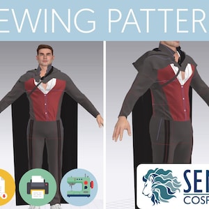 May include: Sewing pattern for a black and red costume with a cape. The pattern includes a PDF download and instructions for sewing. The pattern is available from Seme Cosplay.