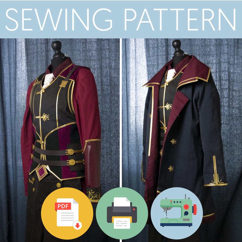 May include: Sewing pattern for a dark blue coat with gold trim and a burgundy vest with gold accents. The pattern is available as a PDF download and can be printed at home. The image also shows a sewing machine.
