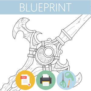 Könnte beinhalten: Eine schwarz-weiße Strichzeichnung eines Schwertgriffs mit komplizierten Schnörkeln und einem zentralen runden Edelstein, oben mit BLUEPRINT beschriftet. Darunter befinden sich drei runde Symbole für PDF-Download, Drucker und Bastelwerkzeuge.