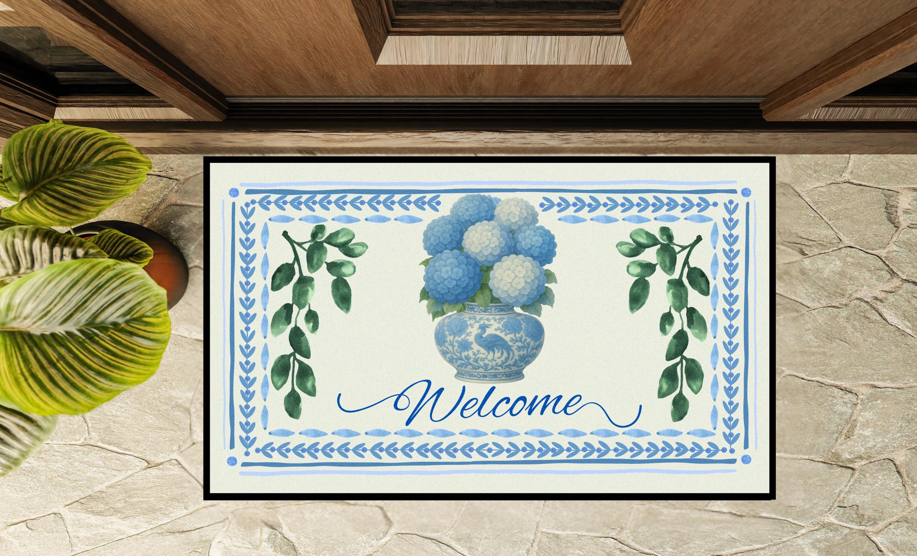 NEW**!!! Blue Hydrangea Welcome Mat – Chinoiserie Floral Doormat, Elegant Front Porch Rug