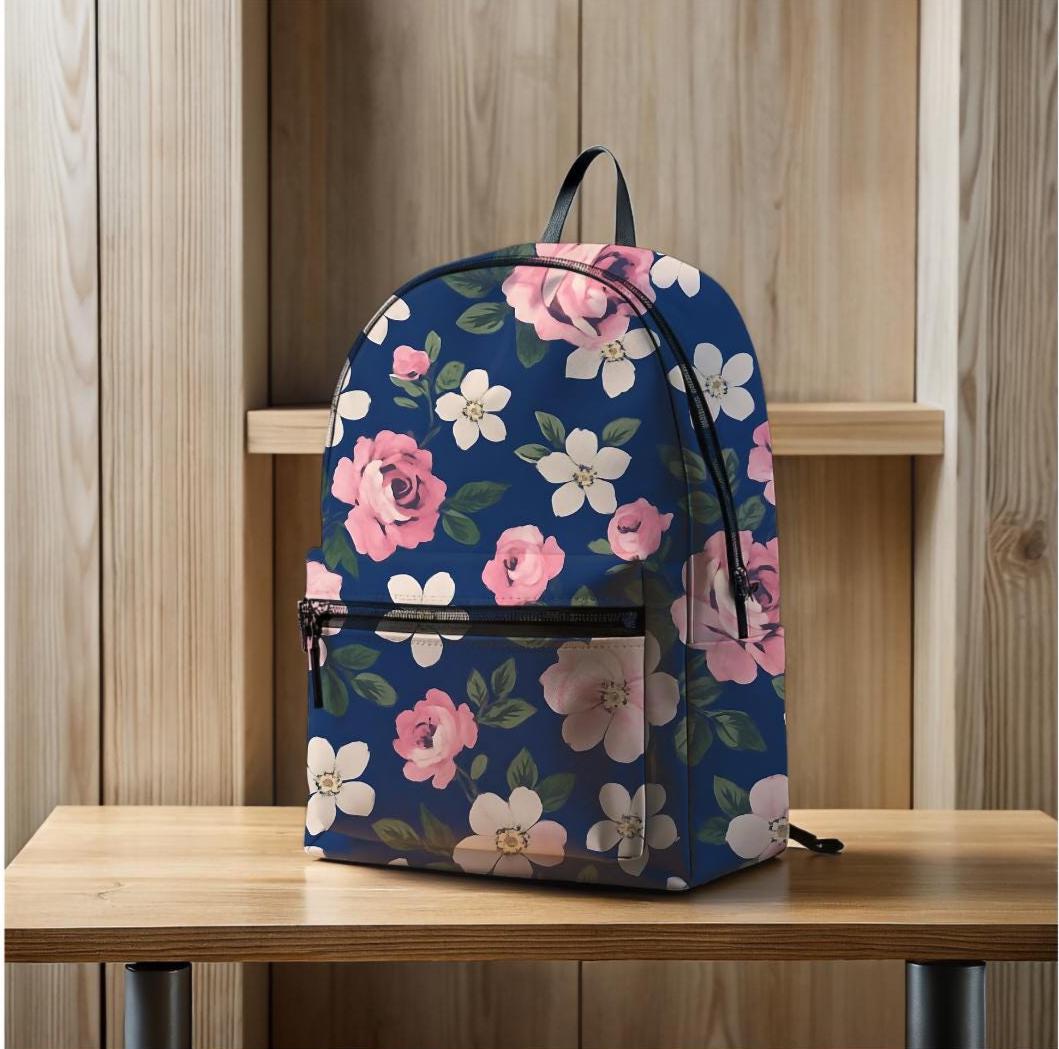 Elegant Floral Navy Backpack Elegant ivory pink green navy watercolor floral printed  main image 4