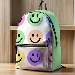 Retro Smiley Face Backpack Colorful 90s Aesthetic Bookbag for School, Travel or Everyday Fun Trendy Gift for Teens & Kids