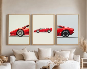 May include: Three framed prints of red sports cars, each with a different perspective. The cars are all the same model, but each print shows a different angle of the car.