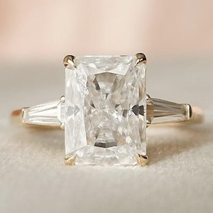 14K Gold Radiant Cut Moissanite Engagement Ring: Tapered Baguette Side Stone