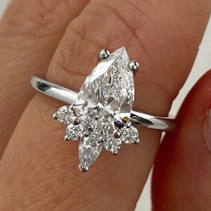 Anello in argento sterling 925, anello nuziale con moissanite taglio a pera da 2,0 CT, anello con diamanti a grappolo laterali rotondi e a pera, anello di fidanzamento, regalo di anniversario