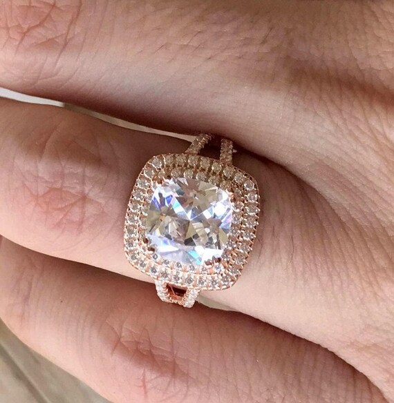 14K Rose Gold Cushion Cut Moissanite Engagement Ring: Double Halo
