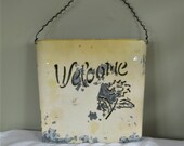 Chippy Galvanized Flower Wall Pocket, Welcome and Flower cutout, Twisted Wire Hanger, Shabby Cottage Garden Decor, Door Hanging Planter