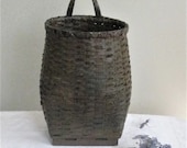 Vintage Woven Wicker Flower Basket, Leather Handle, Hanging Basket Container