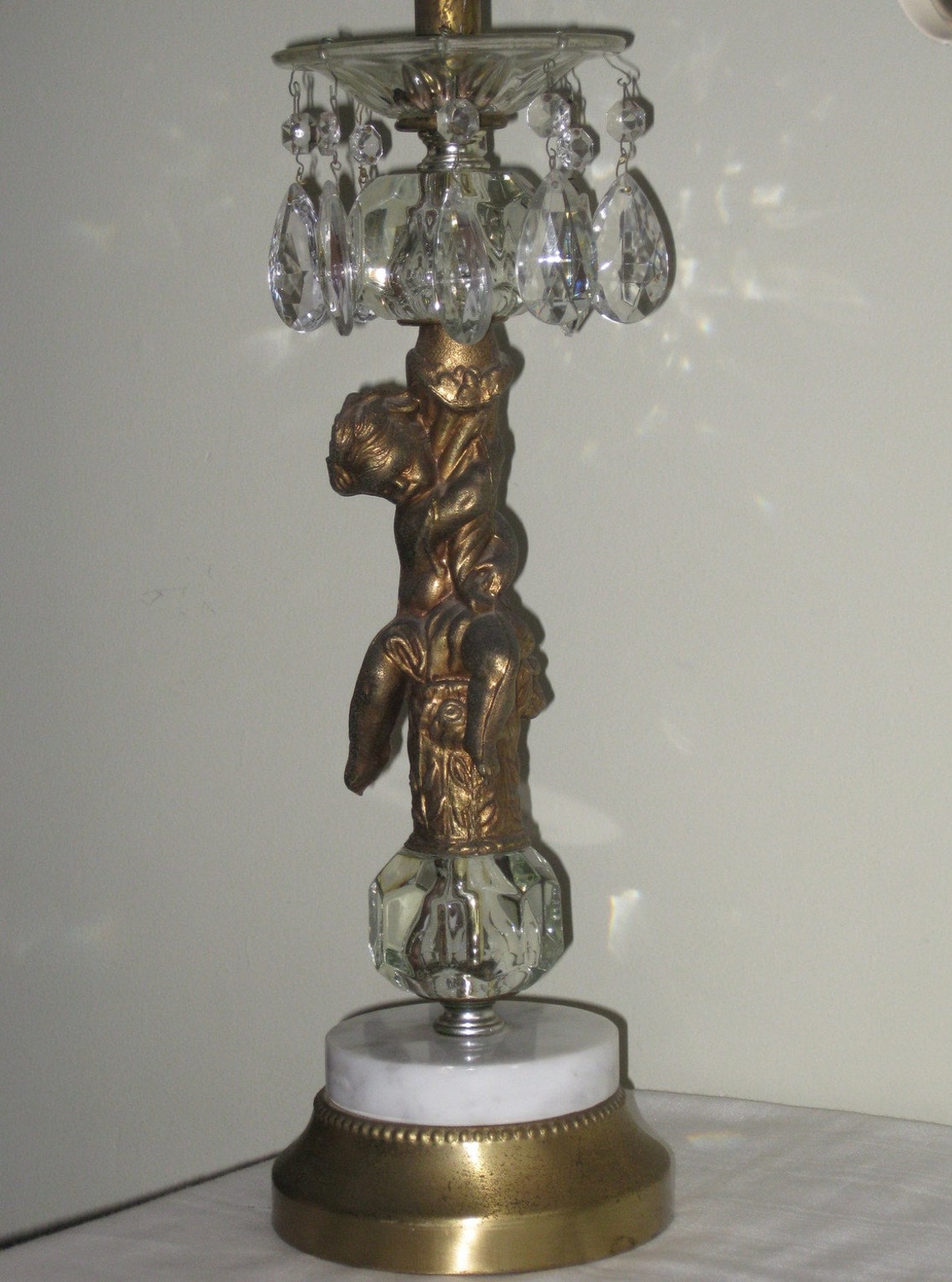 Vintage Brass Cherub Lamp with glass Prisms Etsy