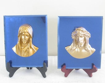 Religious Wall Plaques, Crucified Christ and Blessed Virgin Mary Vintage Blue Mirror Wall Hanging Catholic Art Deco