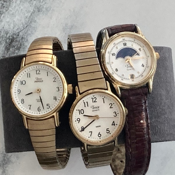 3 Timex Watches, Ladies Vintage Quartz Wristwatches, 2 Gold Stretch Bands, 1 Leather Watch, Mixed Lot, AS IS Needs Batteries