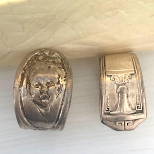 2 Vintage Spoon Rings, Baby Face, Liberty bell Repurposed Flatware