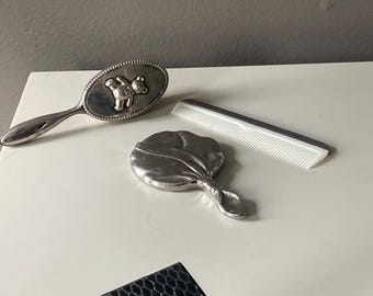 Silverplated Baby Brush Comb Set, with Mirror, Vintage Vanity Hair Accessory