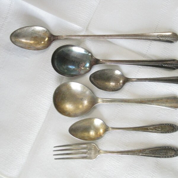 Vintage Assorted Silverplate Silverware Spoons and Youth Fork Mixed Lot of Different Sizes Tarnished Shabby Cottage Chic Flatware Utensils