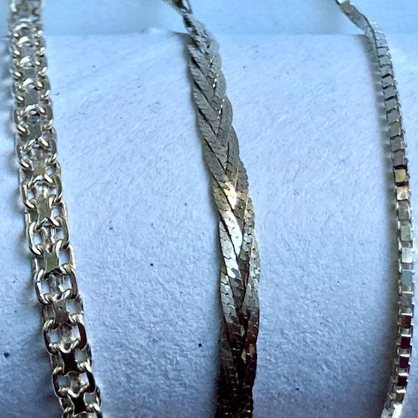 3 Sterling Silver Bracelets, Vintage Chain Link Italian 925 Womans Jewelry. 2 Box, 1 Twisted Braid, Destash Collection