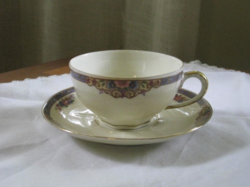 Set of 4 Antique Cups and Saucers Blue Floral Band Teacups Etsy