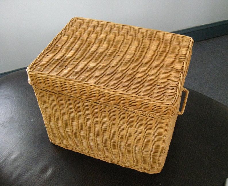 Vintage Rattan File Basket Wicker Box with Lid Home Office Etsy
