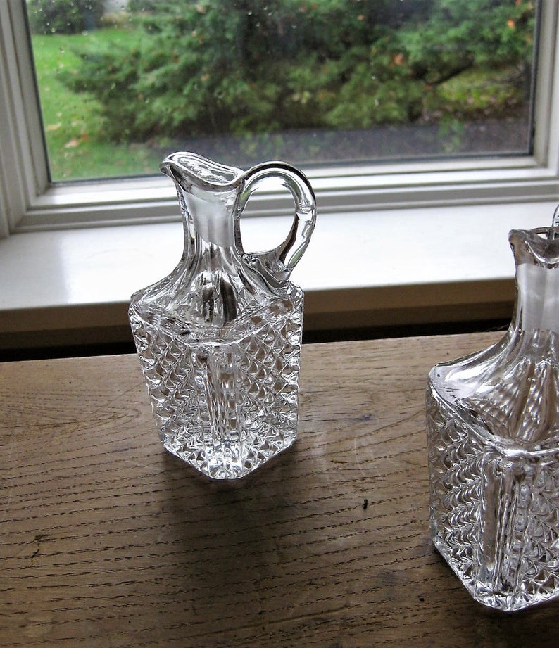 Pair of Vintage Glass Cruets Small Pressed Glass Diamond Cut Etsy