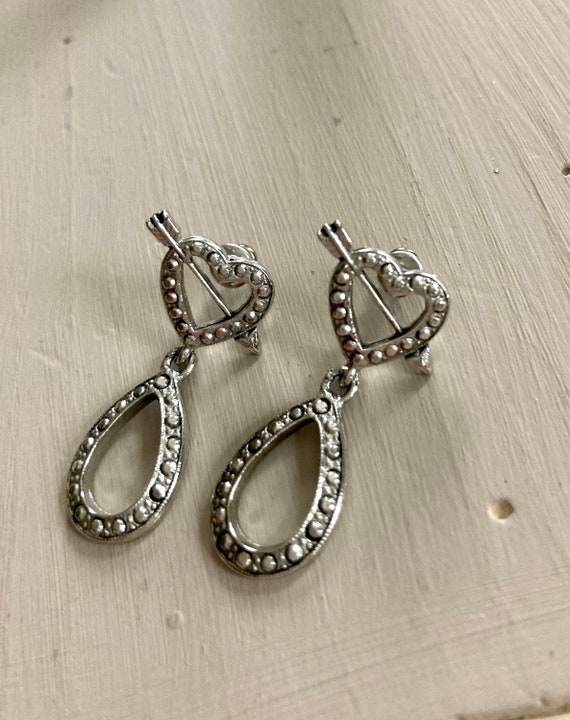 Vintage Silver Heart Marcasite Earrings, Pieced Ea