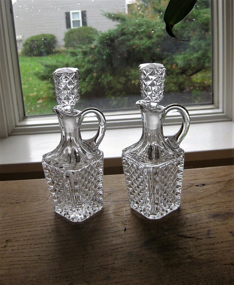 Pair of Vintage Glass Cruets Small Pressed Glass Diamond Cut Etsy