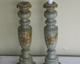 Tall Vintage Painted Wood Candlesticks, Chippy Green Paint Folk Art Flowers, Pillar Candle Holders, Folksy Cottage Chic Home Decor