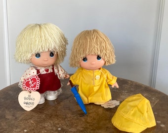 1980s Enesco Precious Moments Hi Babies Dolls, Little Girl Valentine, Child in Yellow Raincoat, Umbrella, Vintage with Original Tags